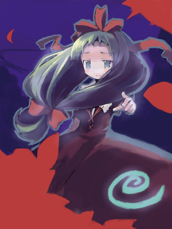 dress floating_hair frills front_ponytail green_eyes green_hair kagiyama_hina long_hair looking_at_viewer oekaki pointing pointing_at_viewer puffy_short_sleeves puffy_sleeves red_dress shawl short_sleeves solo spiral touhou wind xexu