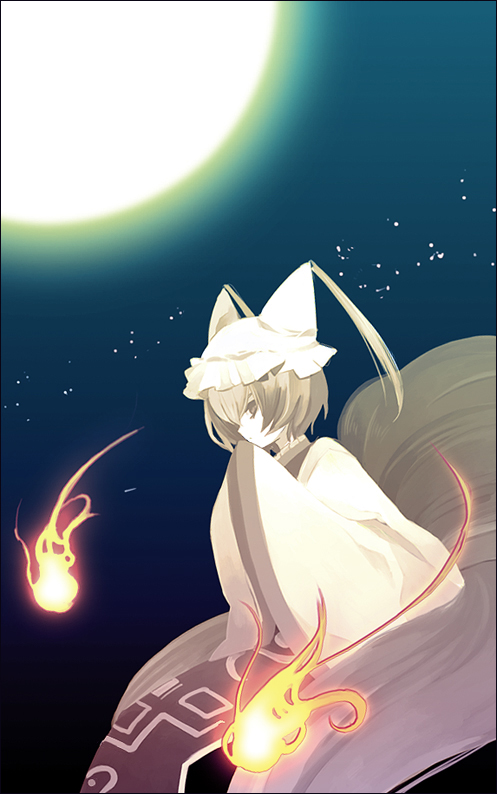 artist_request blonde_hair fire flame fox_tail frills from_side full_moon hat long_sleeves mob_cap moon multiple_tails night pillow_hat short_hair solo tabard tail tassel touhou wide_sleeves yakumo_ran