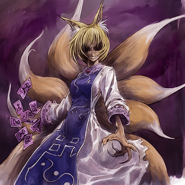 animal_ears blonde_hair cervus claws dark evil grin multiple_tails no_hat no_headwear smile solo surcoat tail touhou yakumo_ran you_gonna_get_raped