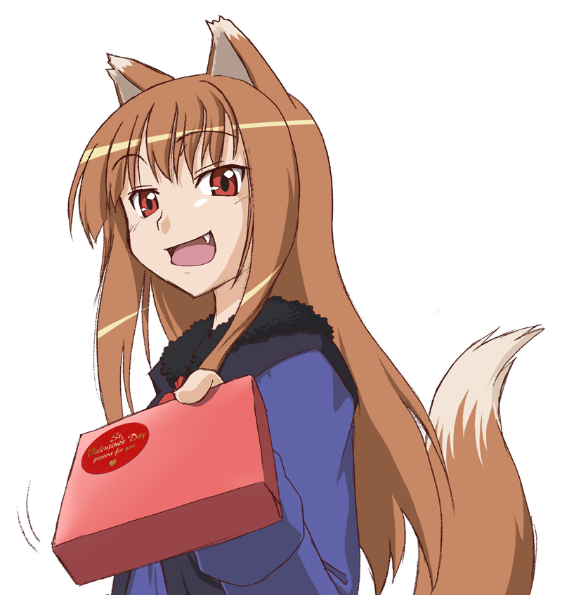 animal_ears fang fumotono_mikoto gift holding holding_gift holo incoming_gift long_hair solo spice_and_wolf tail valentine wolf_ears