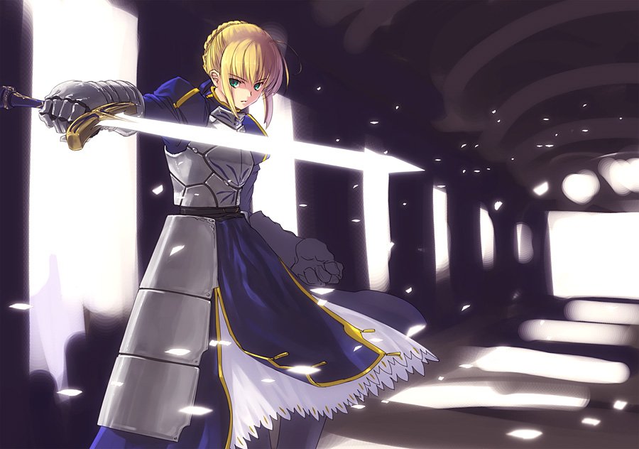 armor artoria_pendragon_(all) blonde_hair fate/stay_night fate_(series) gloves green_eyes refeia saber solo sword weapon