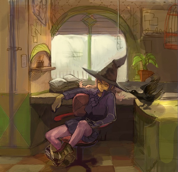 bird book cage chair checkered checkered_floor crow hat kima office_chair original pantyhose perspective pink_legwear plant potted_plant sitting solo window witch witch_hat