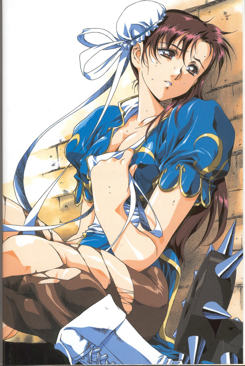 bracelet breasts bun_cover china_dress chinese_clothes chun-li cleavage dress highres jewelry large_breasts pantyhose scan solo spiked_bracelet spikes street_fighter sweat torn_clothes torn_legwear urushihara_satoshi