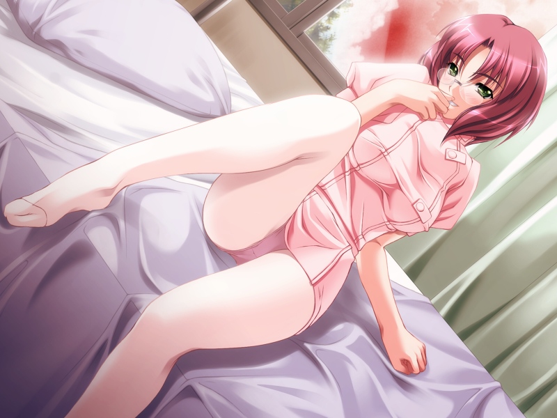 :d bangs bed blush breasts clenched_hand covered_nipples curtains dress dutch_angle feet fingernails glasses green_eyes grin hair_between_eyes hand_to_own_mouth indoors kuraki_hiro large_breasts leg_lift long_fingernails long_legs naughty_face nurse open_mouth oshioki_sweetie panties panties_under_pantyhose pantyhose pantyshot pantyshot_(sitting) parted_bangs pillow pink_hair purple_panties rimless_eyewear shiny shiny_hair shirt short_dress short_hair shuu_mariko sitting smile solo spread_legs taut_clothes taut_shirt underwear upskirt wallpaper white_legwear window