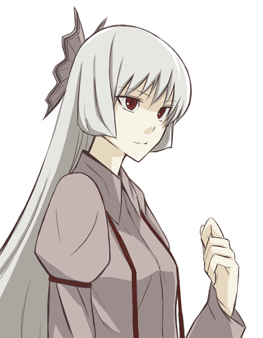 bangs clenched_hand closed_mouth collared_shirt expressionless fujiwara_no_mokou grey_shirt kajiki long_sleeves lowres red_eyes shirt silver_hair simple_background solo suspenders touhou upper_body white_background