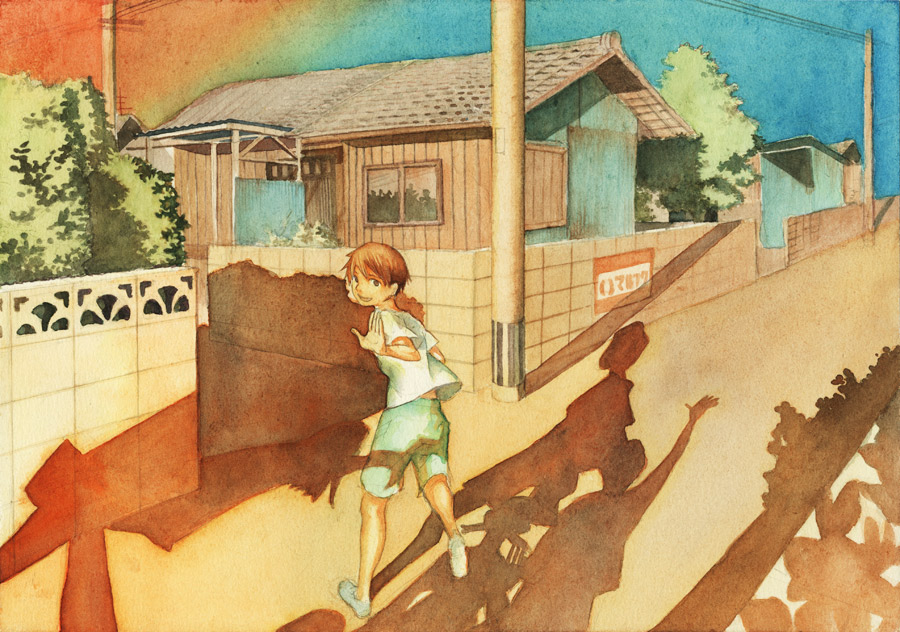 bad_id bad_pixiv_id brown_eyes brown_hair male_focus matabi original running shadow solo traditional_media waving