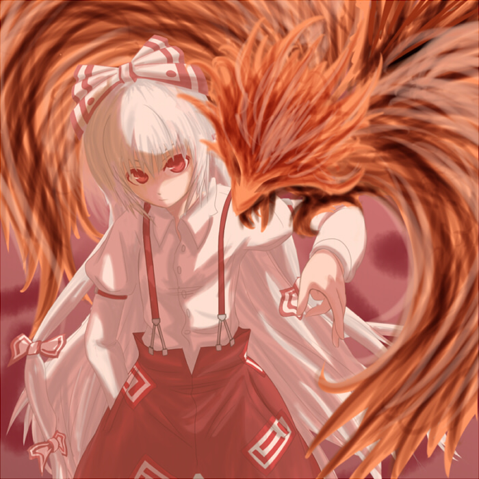 bangs bird fujiwara_no_mokou long_hair oekaki phoenix red_eyes silver_hair solo suspenders touhou very_long_hair