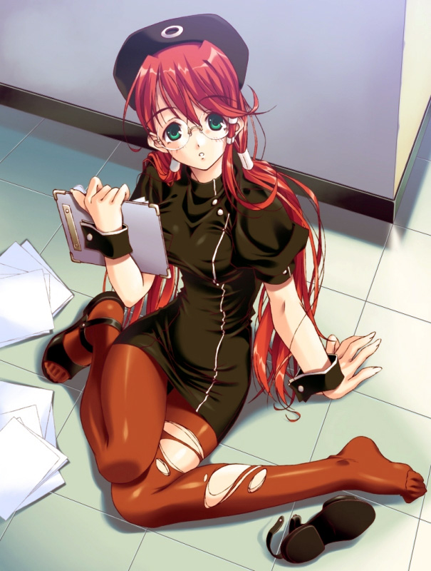 artist_request duplicate glasses green_eyes long_hair pantyhose red_hair solo torn_clothes torn_legwear
