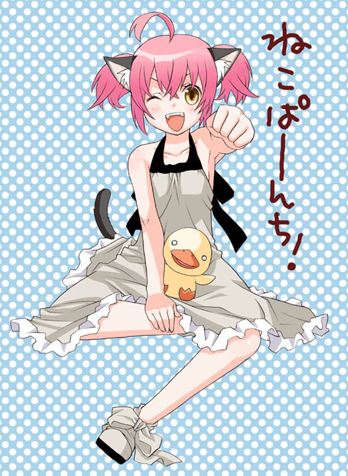 ;d ahoge animal_ears armpits brown_eyes cat_ears clenched_hand collarbone dress grey_dress looking_at_viewer mattaku_mousuke one_eye_closed open_mouth original outstretched_arm pink_hair polka_dot polka_dot_background short_hair sidelocks simple_background sleeveless sleeveless_dress slippers smile solo spread_legs sundress text_focus
