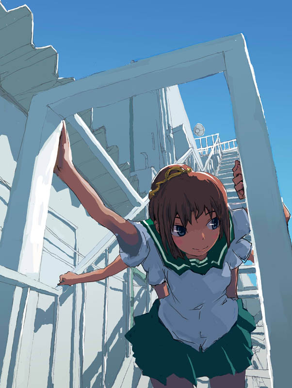 brown_hair bug building cover cover_page doujinshi keisan leaning_forward multiple_arms original school school_uniform solo spider stairs