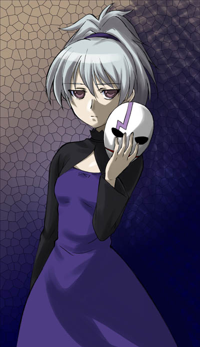 bangs cleavage_cutout closed_mouth darker_than_black dress expressionless flat_chest gradient gradient_background hair_between_eyes high_ponytail holding looking_at_viewer mask mikage_nao ponytail purple_dress purple_eyes scrunchie short_hair silver_hair solo standing turtleneck yin