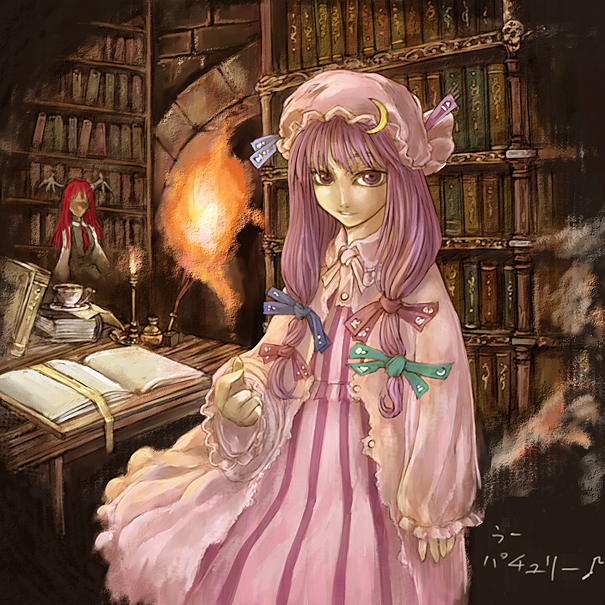 book bookshelf bow cervus head_wings koakuma library multiple_girls patchouli_knowledge pink_bow touhou voile