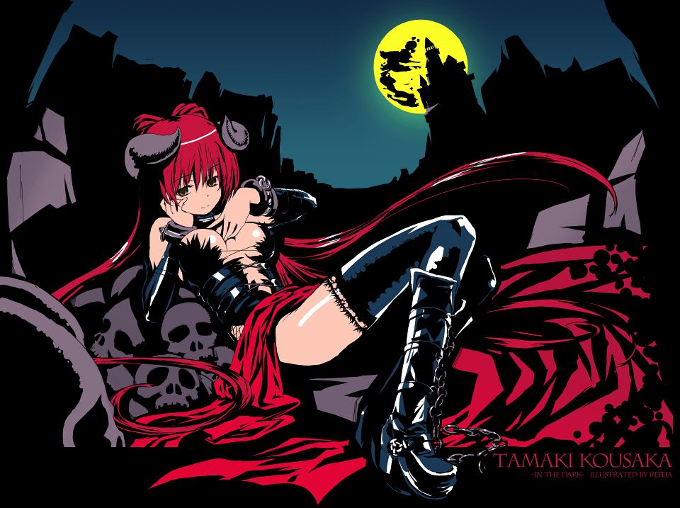 between_breasts boots breasts cosplay demon demon_girl horns kousaka_tamaki moon red_hair refeia solo thighhighs to_heart_2