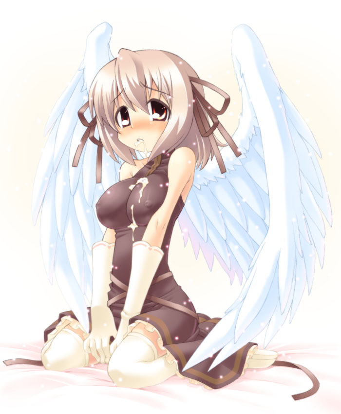 angel_wings bare_shoulders blush breasts covered_nipples feathered_wings gloves hair_ribbon light_brown_hair medium_breasts minami_juujisei original red_eyes ribbon simple_background sitting solo suggestive_fluid thighhighs v_arms wariza white_background white_gloves white_legwear white_wings wings