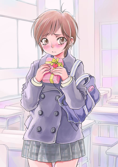 artist_request blush cellphone coat original phone short_hair solo valentine