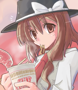black_hat bow brown_eyes brown_hair chopsticks eating food hair_over_shoulder hat hat_bow holding holding_chopsticks instant_ramen long_hair looking_at_viewer low_ponytail lowres mouth_hold necktie noodles oekaki red_background red_neckwear solo touhou upper_body usami_renko white_bow