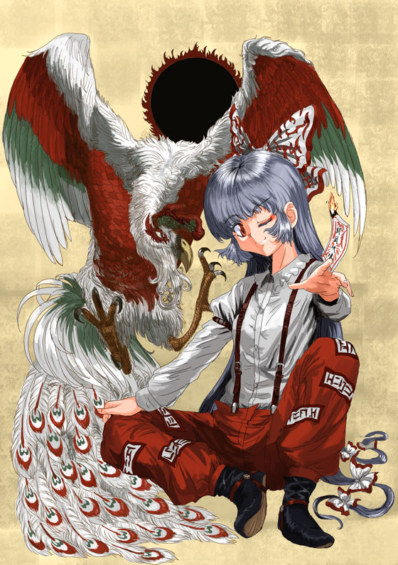 bird fujiwara_no_mokou long_hair solo suspenders touhou tsurui