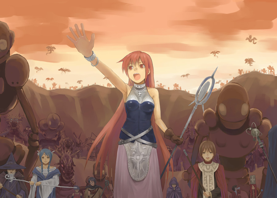 5boys :d armpits bare_shoulders blue_dress blue_hair bracelet braid cloud dress eyebrows_visible_through_hair hat hino_hikaru holding holding_weapon jewelry long_hair looking_at_viewer monster multiple_boys multiple_girls open_mouth orange_sky outdoors outstretched_arm pixiv_fantasia pixiv_fantasia_1 polearm red_eyes short_hair sky smile spear staff standing sunset twin_braids very_long_hair wand waving weapon wizard wizard_hat