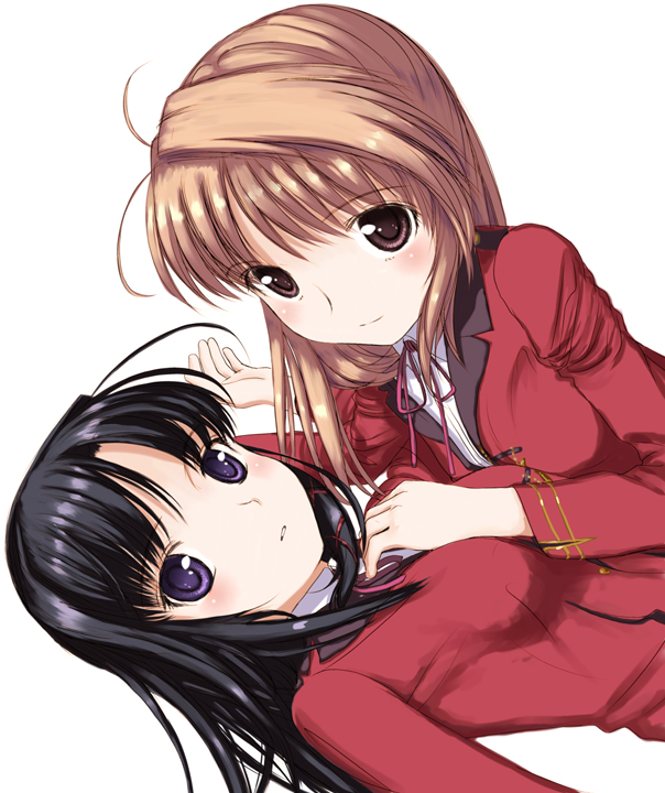 antenna_hair bangs between_breasts black_hair blush breasts brown_eyes brown_hair closed_mouth expressionless eyebrows_visible_through_hair fortune_arterial from_side girl_on_top hair_ornament hand_between_breasts hand_on_another's_chest kuze_kiriha long_hair long_sleeves looking_at_viewer looking_to_the_side lying mocha_(snowflake) multiple_girls on_back parted_lips pink_ribbon purple_eyes ribbon school_uniform simple_background small_breasts smile tareme uniform white_background x_hair_ornament yuri yuuki_haruna