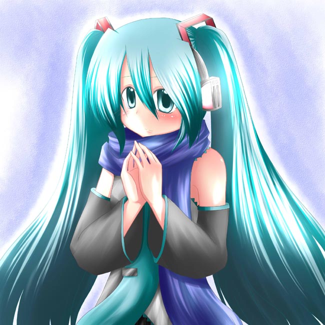 aqua_hair blue_scarf detached_sleeves hands_together hatsune_miku long_hair looking_at_viewer misana scarf solo twintails vocaloid