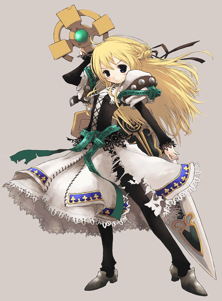 armor armored_dress blonde_hair blue_eyes full_body grey_background holding holding_sword holding_weapon legs_apart long_hair looking_at_viewer pota_(nabrinko) solo standing sword torn_clothes weapon yggdra_union yggdra_yuril_artwaltz