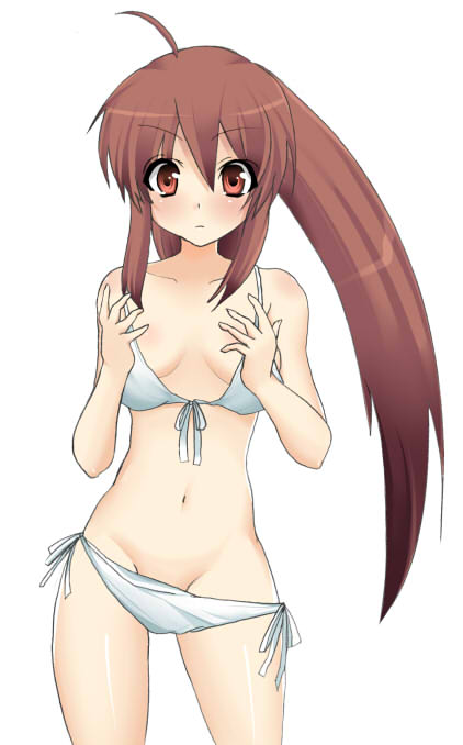 bikini blush brown_hair cowboy_shot little_busters! long_hair looking_at_viewer masayu natsume_rin navel oversized_clothes ponytail side-tie_bikini simple_background solo swimsuit very_long_hair white_background white_bikini