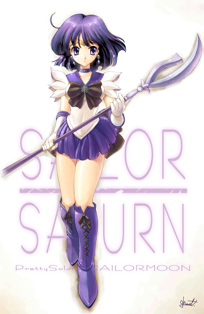 back_bow bishoujo_senshi_sailor_moon black_bow bob_cut boots bow character_name choker copyright_name earrings elbow_gloves gloves highres holding holding_spear holding_weapon jewelry knee_boots magical_girl polearm purple_eyes purple_footwear purple_hair purple_sailor_collar purple_skirt sailor_collar sailor_saturn sailor_senshi_uniform short_hair silence_glaive skirt solo spear staff star star_choker tiara tomoe_hotaru uchiu_kazuma weapon white_gloves