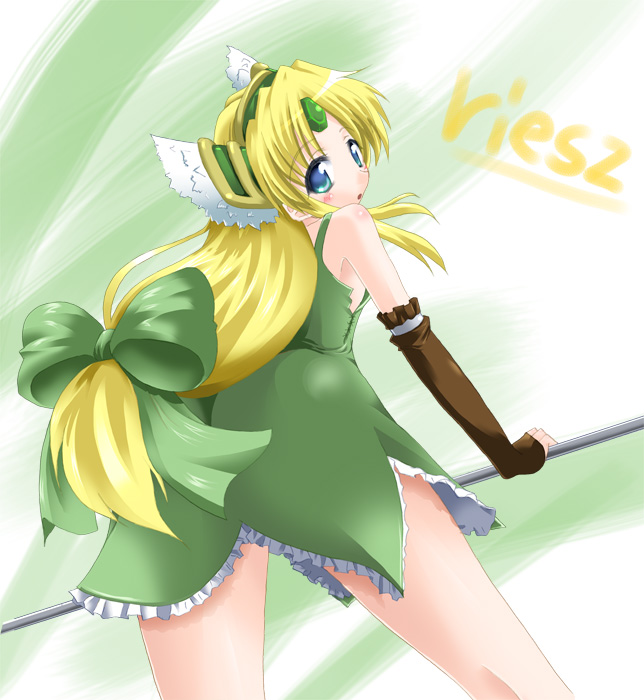 :o ass bent_over blonde_hair blue_eyes blush bow character_name circlet dress elbow_gloves embarrassed fingerless_gloves frills from_behind gloves hair_bow hairband helmet kazumi long_hair looking_back low-tied_long_hair open_mouth ponytail riesz seiken_densetsu seiken_densetsu_3 solo standing thighs very_long_hair winged_helmet