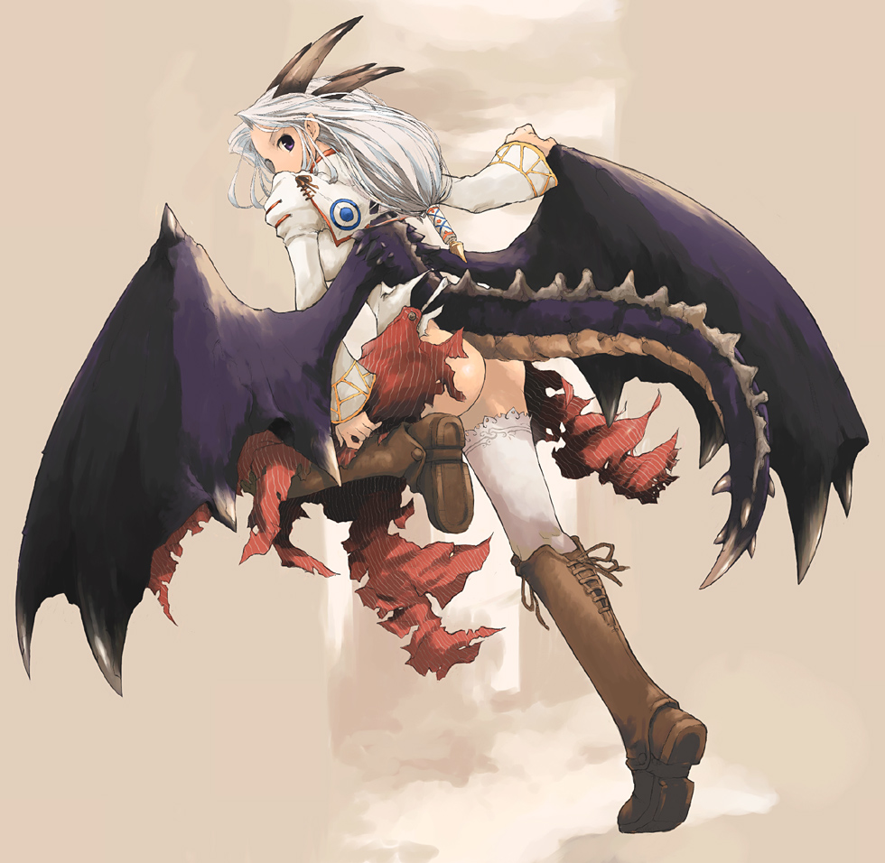 ass boots dragon dragon_girl horns monster_girl original pota_(nabrinko) silver_hair solo tail thighhighs wings
