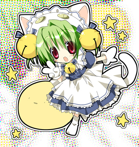 animal_ears animal_hat bell cat cat_hat cat_tail dejiko di_gi_charat gema gloves green_hair hat jingle_bell lowres maid open_mouth paco red_eyes smile solo star tail v zoom_layer