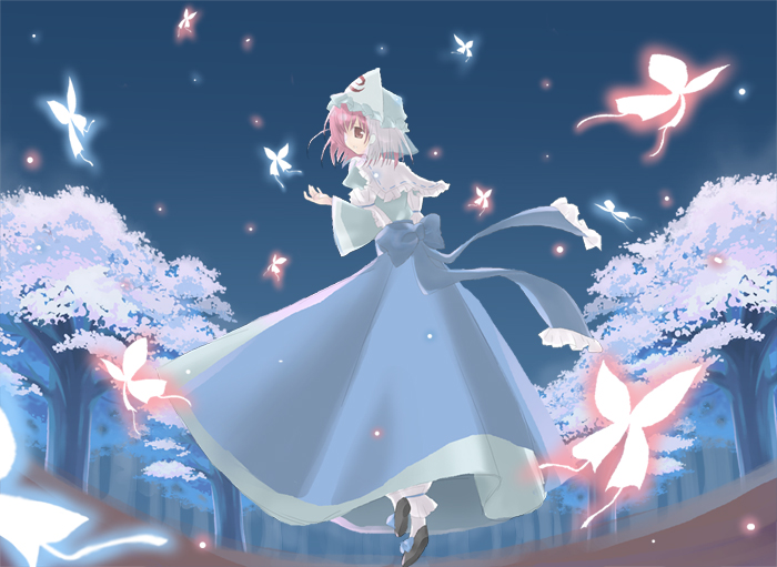 arm_garter black_footwear blue_bow blue_dress blue_hat bow bug butterfly dress forest frilled_shirt_collar frills full_body glowing glowing_butterfly hat insect long_sleeves mob_cap nature night night_sky pink_hair plant profile red_eyes saigyouji_yuyuko see-through shoes short_hair sky solo touhou tree triangular_headpiece veil wide_hips
