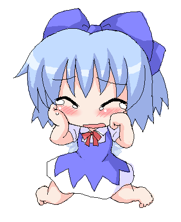 barefoot blue_bow blush bow chibi cirno closed_eyes crying dress full_body geetsu hair_bow lowres no_nose solo tears touhou