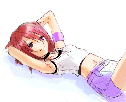 armband armpits arms_up artist_request bangs black_choker breasts choker closed_mouth crop_top hair_between_eyes jewelry kairi_(kingdom_hearts) kingdom_hearts kingdom_hearts_i looking_at_viewer lowres lying miniskirt navel necklace on_back purple_eyes purple_skirt red_hair shirt simple_background sketch skirt small_breasts smile solo tank_top white_background white_shirt