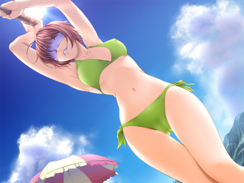 armpits arms_up beach bikini blindfold bob_cut breasts cameltoe clenched_teeth cloud covered_nipples day dutch_angle from_below game_cg legs medium_breasts misaki_renka mountain navel outdoors pink_hair sano_toshihide shichinin_no_online_gamers short_hair side-tie_bikini sky solo stick suikawari sun swimsuit teeth thigh_gap umbrella underboob