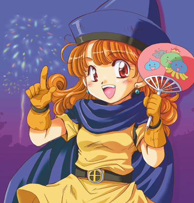 alena_(dq4) dragon_quest dragon_quest_iv fan lowres paper_fan red_hair skirt solo uchiwa yellow_skirt
