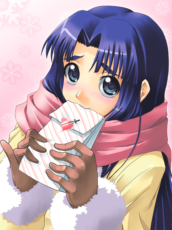 :3 asakura_ryouko blue_eyes blue_hair blush gift_bag gloves mouth_hold scarf solo suzumiya_haruhi_no_yuuutsu valentine yaso_shigeru