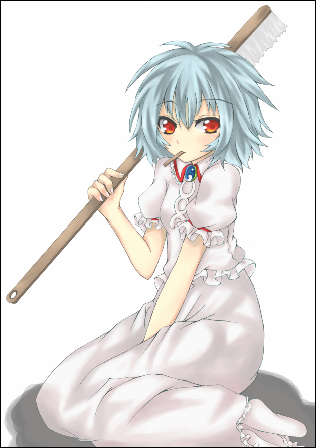 between_legs blush brooch brush collar collared_dress dress gem hand_between_legs holding jewelry looking_at_viewer mouth_hold puffy_short_sleeves puffy_sleeves remilia_scarlet shingetsu_takehito short_sleeves silver_hair simple_background sitting solo touhou wariza white_background white_dress