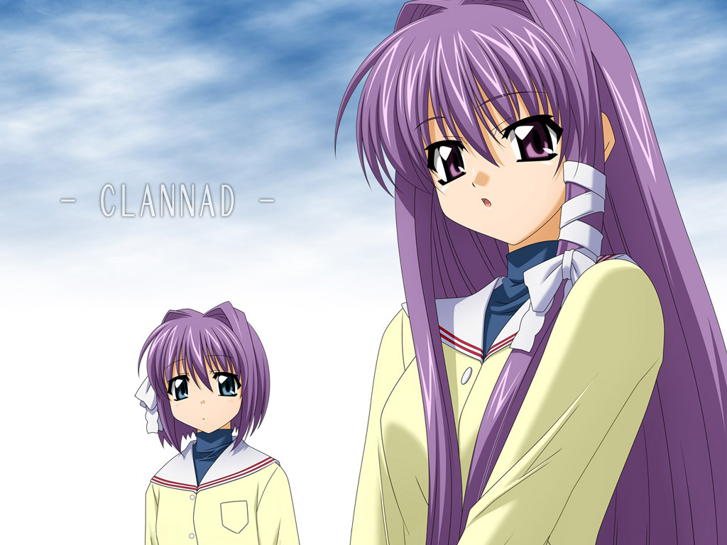 clannad fujibayashi_kyou fujibayashi_ryou hikarizaka_private_high_school_uniform multiple_girls purple_hair school_uniform siblings sisters sugimura_tomokazu twins wallpaper