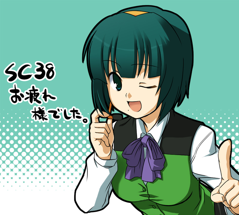 ;d bangs blunt_bangs green_eyes green_hair hairband headset idolmaster idolmaster_(classic) idolmaster_1 index_finger_raised long_sleeves looking_at_viewer one_eye_closed open_mouth otonashi_kotori pesi pointing pointing_at_viewer shirt short_hair smile solo upper_body vest white_shirt yellow_hairband