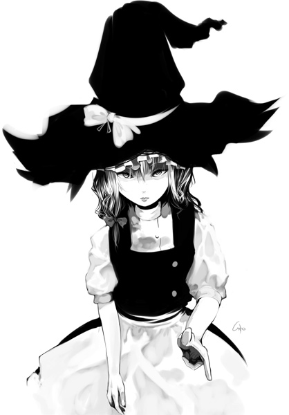 apron closed_mouth expressionless greyscale hair_ribbon hat inemuri_uno kirisame_marisa looking_at_viewer monochrome puffy_sleeves ribbon simple_background solo touhou tress_ribbon vest white_background witch_hat
