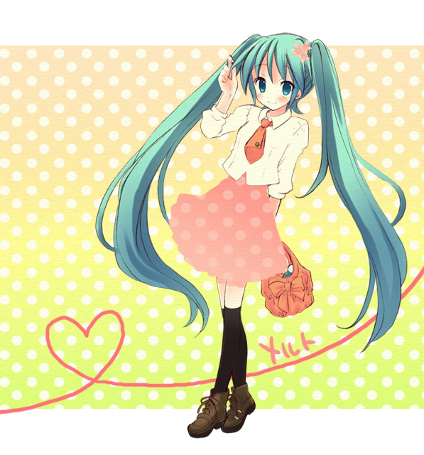 alternate_costume aqua_hair arm_behind_back bag black_legwear blush bow casual closed_mouth cropped_jacket dress flower full_body hair_flower hair_ornament hand_up harmonia hatsune_miku heart heart_of_string holding holding_bag holding_hair long_hair looking_at_viewer necktie orange_bow orange_neckwear over-kneehighs polka_dot polka_dot_background shoes short_necktie sleeves_past_elbows smile solo thighhighs twintails vocaloid walking