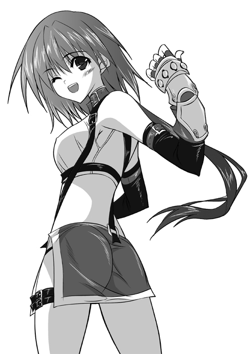 ;d ass blush cowboy_shot from_behind gauntlets greyscale hip_vent kobayashi_chisato looking_at_viewer looking_back monochrome one_eye_closed open_mouth original simple_background skirt smile solo suspender_skirt suspenders white_background