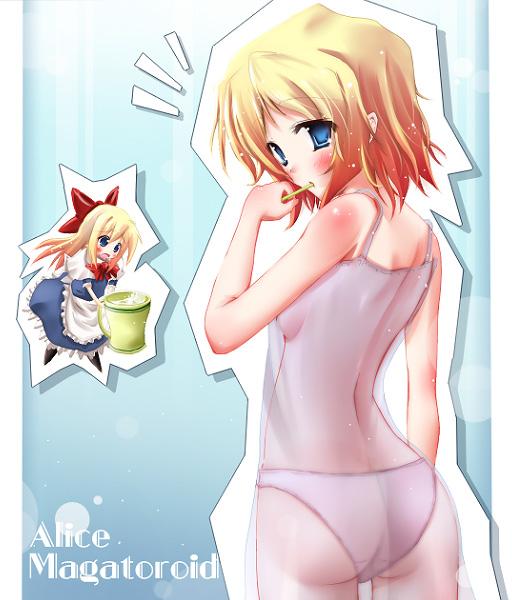 alice_margatroid ass back blonde_hair blue_eyes blush breasts brushing_teeth character_name chemise duplicate from_behind lingerie looking_back panties scarlet_(studioscr) see-through shanghai_doll sideboob small_breasts solo touhou underwear underwear_only