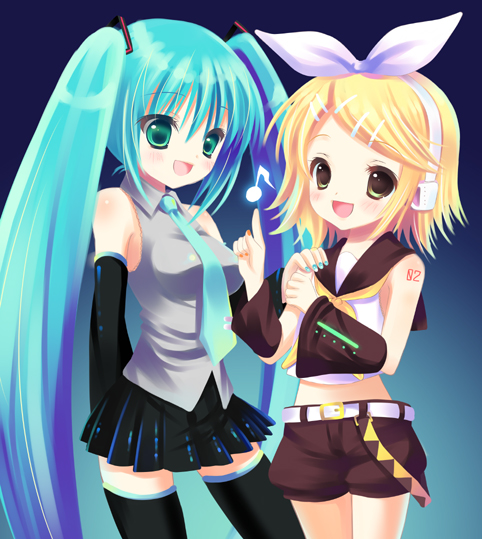 :d aqua_hair aqua_neckwear bangs bare_shoulders belt blonde_hair blush breasts brown_eyes buckle collared_shirt cowboy_shot detached_sleeves eighth_note futaba_miwa gradient gradient_background hair_ornament hairclip hatsune_miku headphones kagamine_rin long_hair long_sleeves looking_at_viewer multiple_girls musical_note necktie open_mouth pleated_skirt shirt short_hair simple_background skirt small_breasts smile standing swept_bangs tareme thighhighs twintails very_long_hair vocaloid