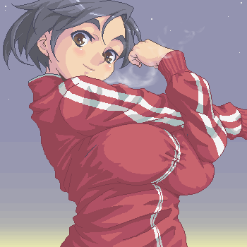 breasts copyright_request huge_breasts lowres oekaki sanemichi_hajime solo stretch track_suit upper_body