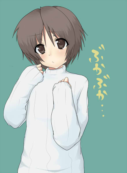 androgynous bad_id bad_pixiv_id blush brown_eyes brown_hair little_busters! male_focus masayu naoe_riki ribbed_sweater simple_background solo sweater translation_request