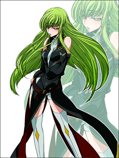bangs bare_shoulders c.c. code_geass green_hair long_hair non-web_source solo thighhighs zoom_layer
