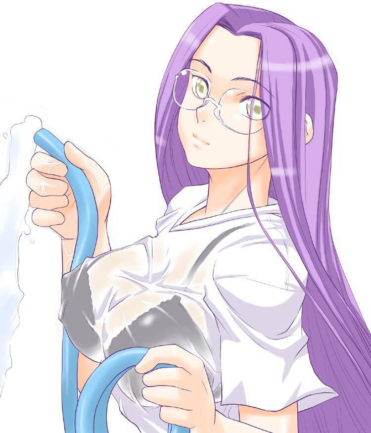 bra breasts cleavage fate/hollow_ataraxia fate/stay_night fate_(series) glasses hose large_breasts lingerie long_hair non-web_source purple_hair rider see-through shirt solo t-shirt underwear water wet wet_clothes yellow_eyes
