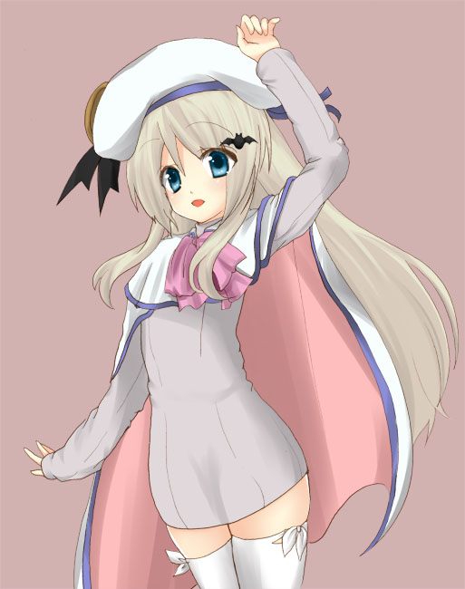 blue_eyes bow cape hat little_busters! long_hair masayu noumi_kudryavka pink_bow silver_hair solo thighhighs