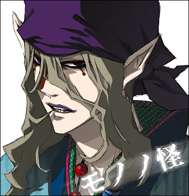 angry artist_request avatar_icon bandana blonde_hair copyright_name face facepaint hair_between_eyes hair_in_mouth japanese_clothes jewelry kimono kusuriuri_(mononoke) looking_at_viewer lowres makeup male_focus mononoke necklace pointy_ears profile solo